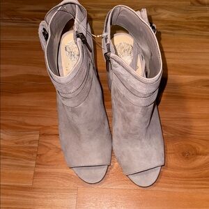 VINCE CAMUTO Open-Toe Suede Ankle Booties with fringe